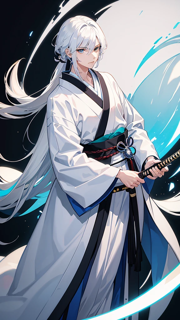 Male with androgynous face Sky blue, white hair, casual clothes, long hair, black background Holding the handle of a Japanese sword Facing a gentle front