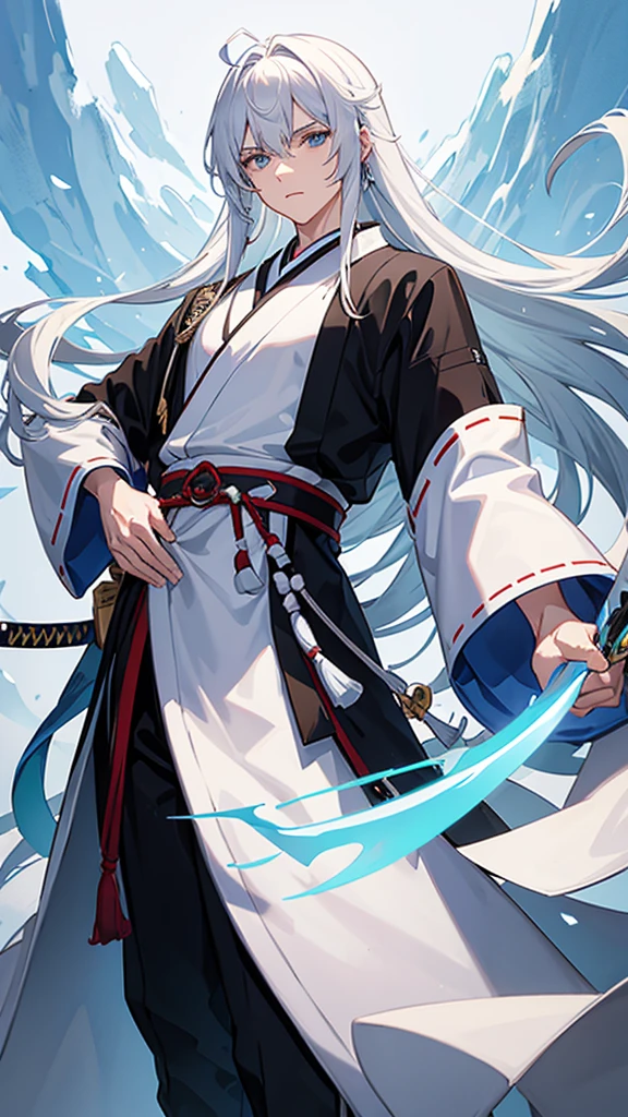 Male with androgynous face Sky blue, white hair, casual clothes, long hair, black background Holding the handle of a Japanese sword Facing a gentle front
