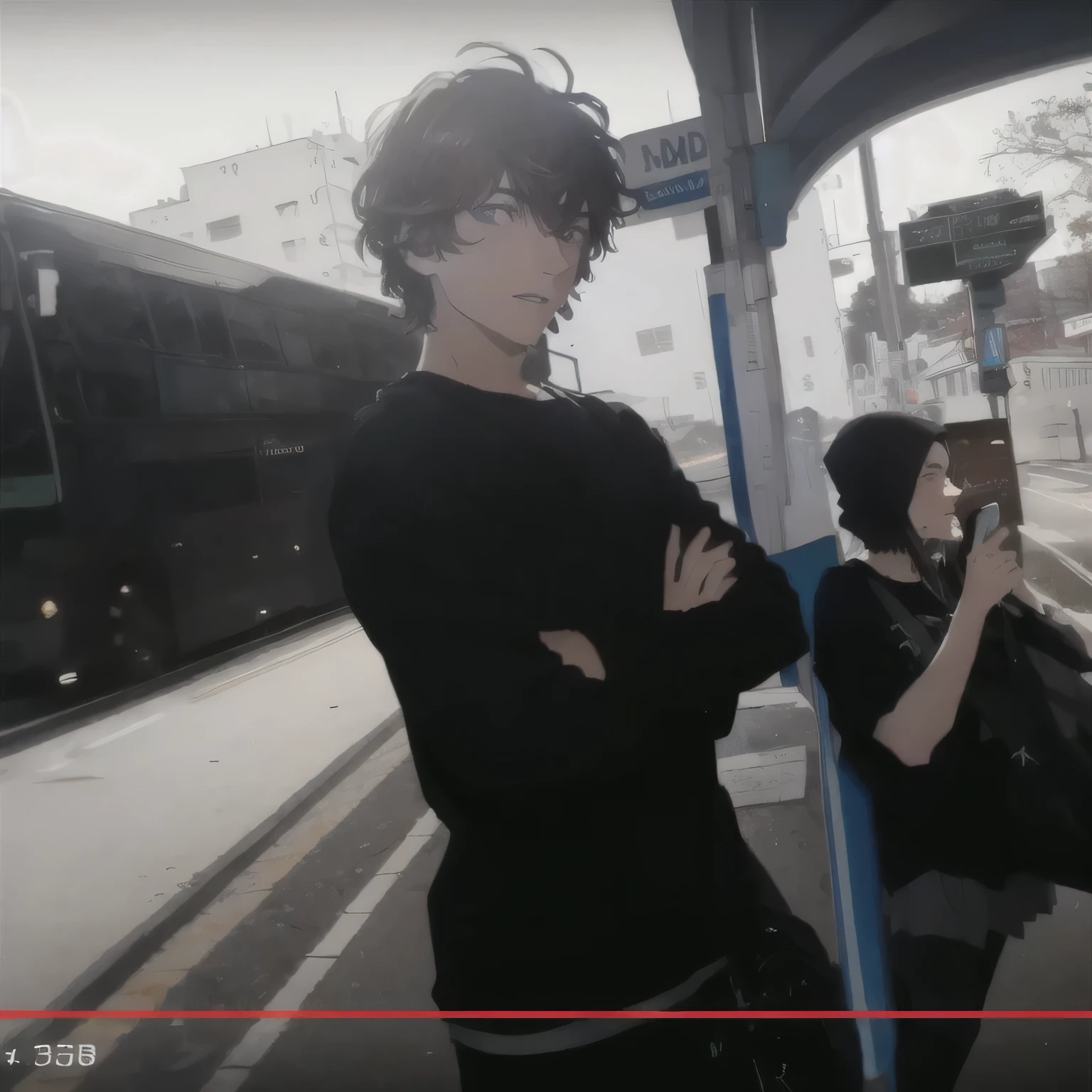 there are two people at a bus stop talking on the phone, screenshot of youtube video, low quality video, Finn Wolfhard, youtuber, filmagem de baixa qualidade, em uma rua, reboque, gothic mall, bladee da gangue de drenagem, Hsiao-ron, mateus 9 5, filmagem granulada, Alex e seus drogados