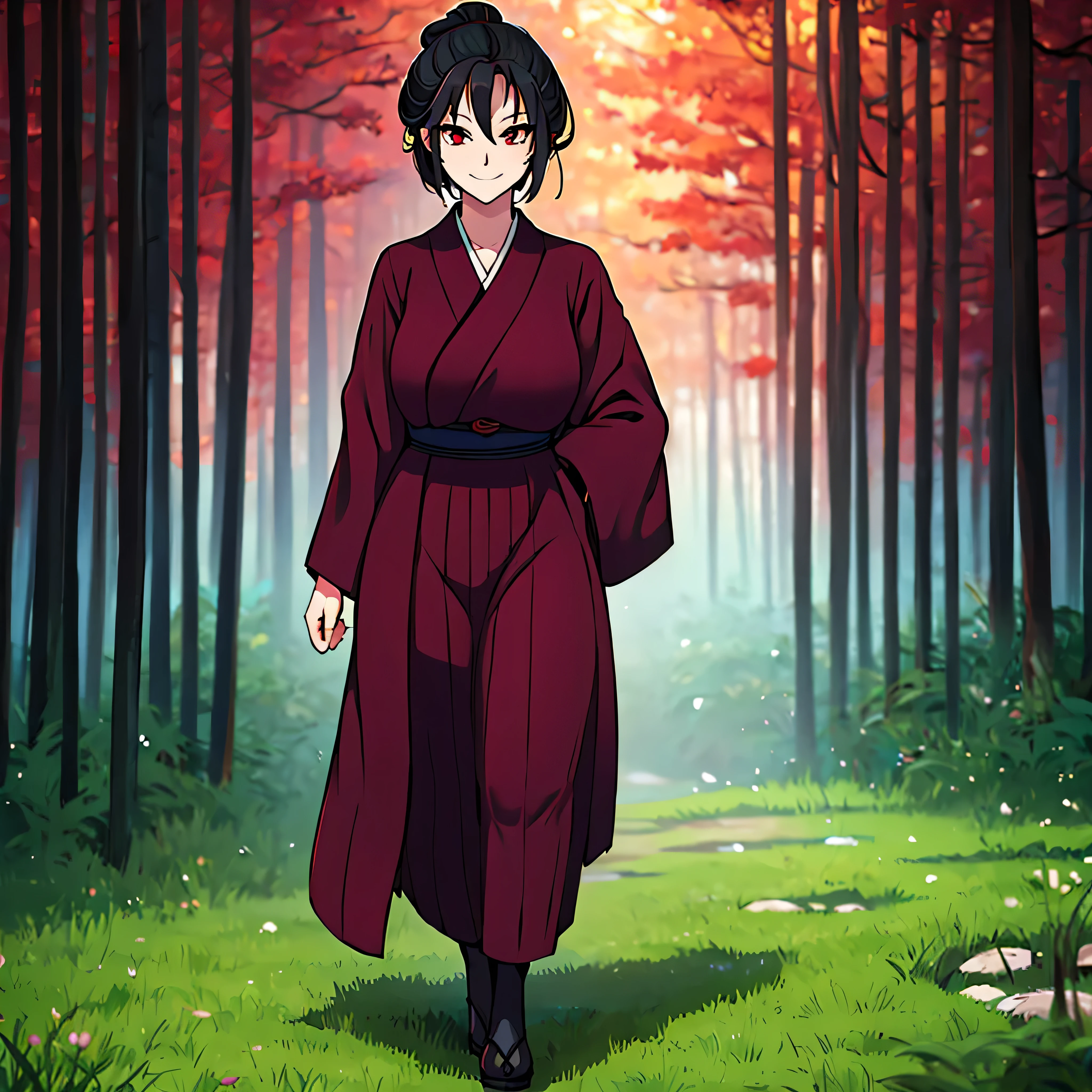 A woman wearing a black yukata, a burgundy dress inside the yukata, red eyes, long black hair, smiling, walking in a Japanese garden, full body, 8k, super detail, accurate, best quality, award winning, textured skin, high resolution, anatomically correct, bokeh effect, ((woman alone)
