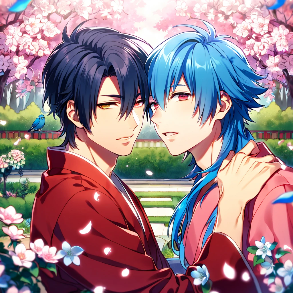 absurdres, highres, ultra detailed, HDR, masterpiece, Koujaku, dark navy hair that is short and a little chopped at the top, expressive red eyes, Dramatical Murder, Seragaki Aoba, blue hair, expressive golden eyes, 2men together, gay couple, yaoi, handsome, red kimono, designed with decorations such as blue leaves, birds and blossoms, petals, garden