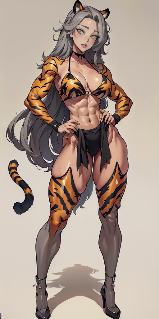((Masterpiece, plain background,1:2, masterpiece)) full body standing straight symmetrical against contrapposto yellow tiger print BIKINI stockings sleeves, hands on waist hips, navel, (Vladilena Milize) (grey eyes:1.5) grey long hair, hair between eyelashes
