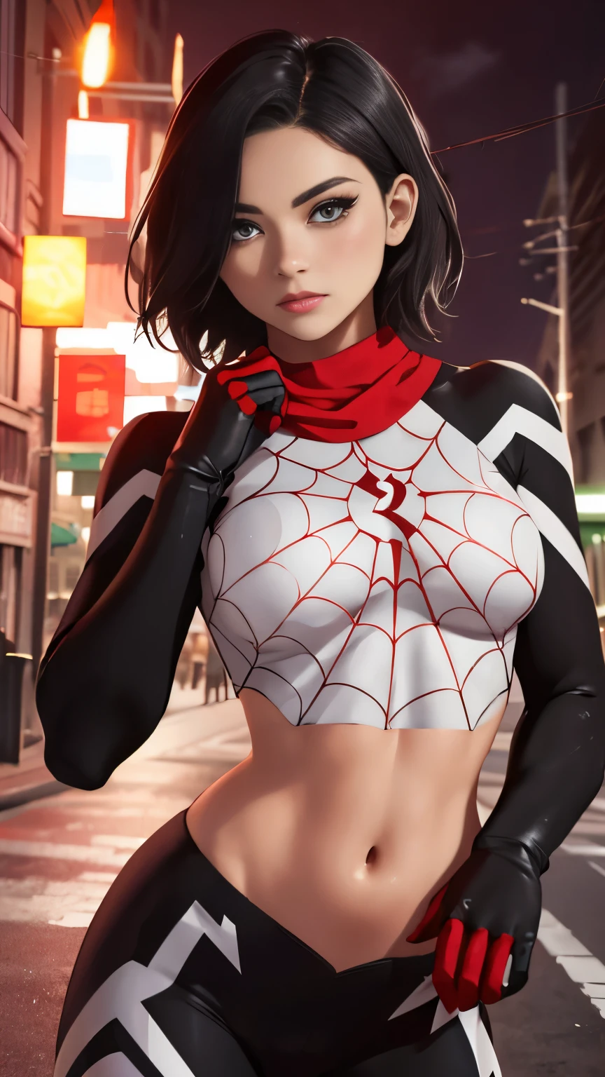 (Highly quality, masterpiece, detailed), Night city detailed scenario, night city detailed background, 20 years old girl, black hair, 1girl, CindyMoon, cindymoon, short hair, Black top, white top, black botton, white bottom, long bottom, spider web print, Crop top, Long Sleeves, Gloves, red finger gloves, Abdomen, Expressionless, Navel, beautiful eyes, perfect eyes, looking at the viewer, Sexy pose