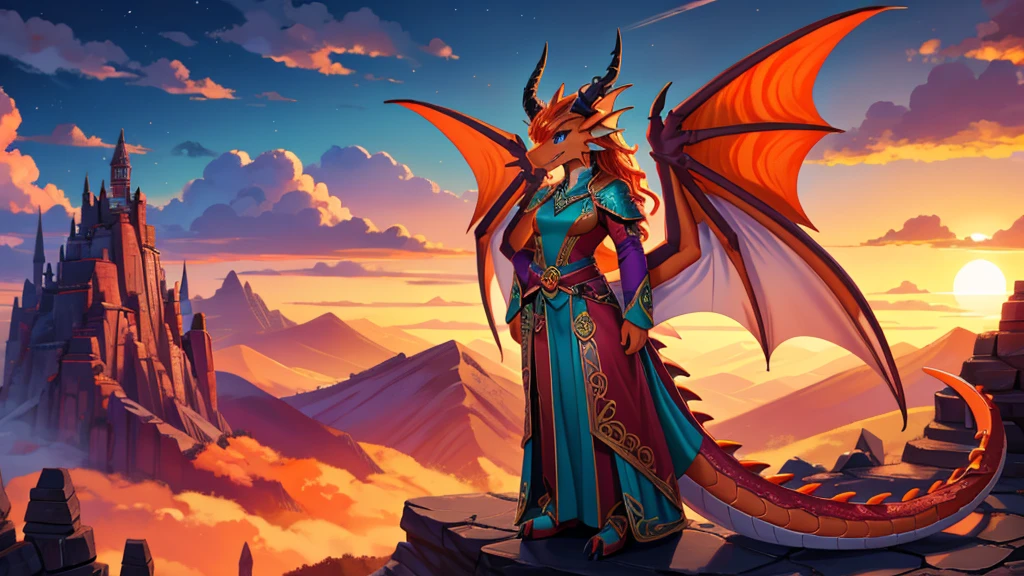 bright colors, fantasy style art, beautiful anthropomorphic female dragon, mature and young, tall character, 5 feet 11 inches tall, dragon body, dragon head, dragon snout, dragon eyes, dragon skin, long wavy bright orange hair, bright teal eyes, sparkling teal eyes looking at viewer, shapely body, skinny body, healthy body, orange scaly dragon skin, highly detailed scales, covered in orange scales, purple and red warrior outfit, ornate red clothes, fancy purple patterns and symbols, 2 red dress coattails hanging down her sides, long draping red sleeves, 2 large orange dragon wings, wings on both sides, orange dragon horns, standing on top of a mountain, at the mountain peak, sunset, brilliant cloudy sky, sunset lighting up the clouds, high quality digital art, 2k, professional illustration, highly detailed