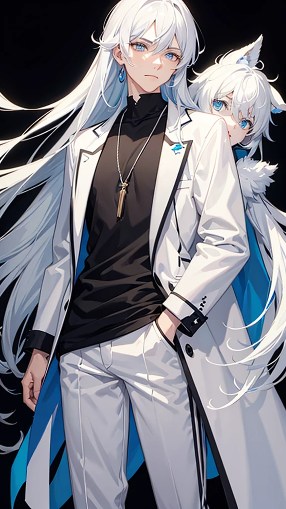 Male with androgynous face Sky blue, white hair, casual clothes, long hair, black background Facing a gentle front