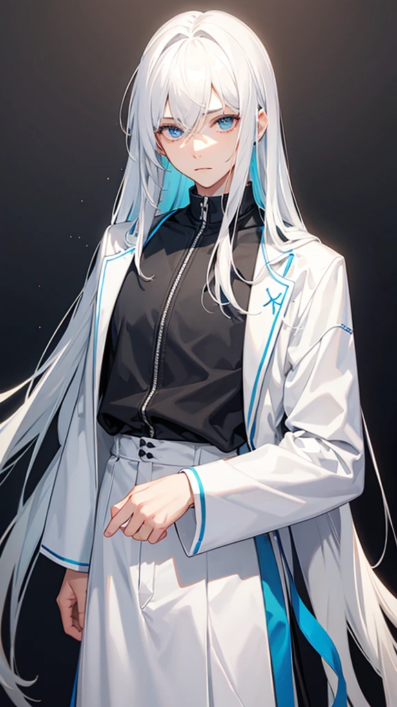 Male with androgynous face Sky blue, white hair, casual clothes, long hair, black background Facing a gentle front