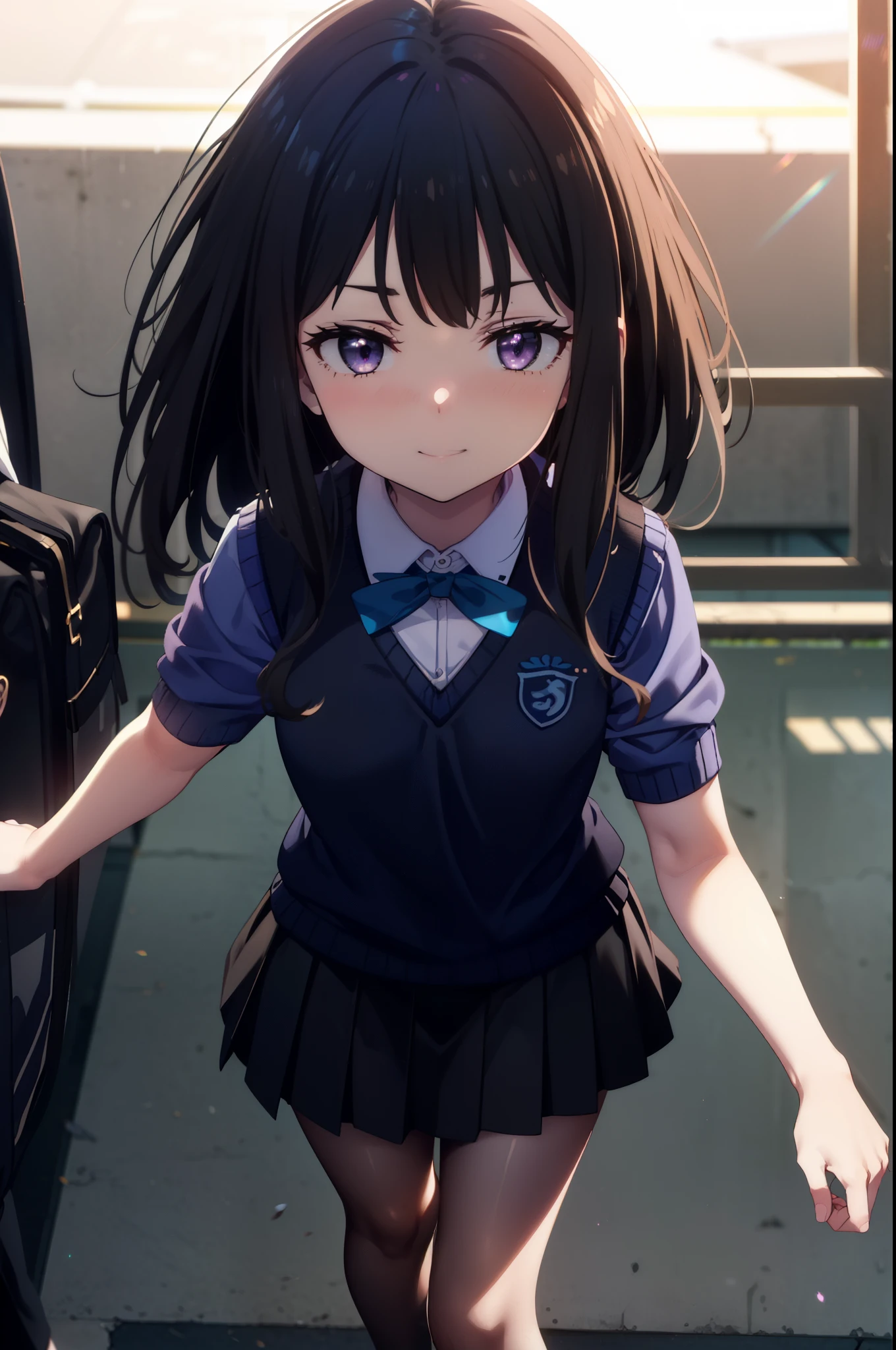 Takiuchi, Inoue Check, Long Hair, bangs, Black Hair, (Purple eyes:1.2),smile,blush,full body,
white yシャツ, Short sleeve, Pleated skirt, Collared shirt, mini skirt, Black pantyhose, (Black Skirt:1.5), Sweater vest, (blue Sweater vest:1.5),Brown Loafers,Daytime,sunny,walking,whole bodyがイラストに入るように, break looking at viewer whole body,
break indoors, School corridor,
break (masterpiece:1.2), highest quality, High resolution, unity 8k wallpaper, (shape:0.8), (Beautiful details:1.6), Highly detailed face, Perfect lighting, Extremely detailed CG, (Perfect hands, Perfect Anatomy),