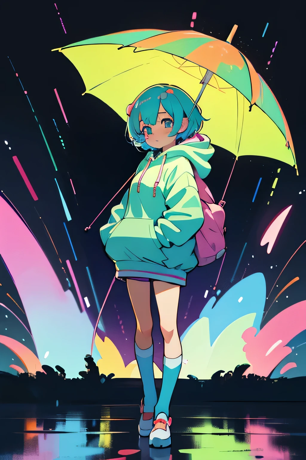 （Super cute Q version  girl Rem standing in the rain in a clear plastic hoodie：1.4）, Rainbow color illustration, magically glowing, Shiny and colorful, hologram, By Yumi, anime art wallpaper 8k, Gurwitz-style artwork, Anime Art Wallpaper 4k, anime art wallpaper 4k, Beautiful anime artwork, digital animation art, Gurwitz，（Full body female love：1.5）