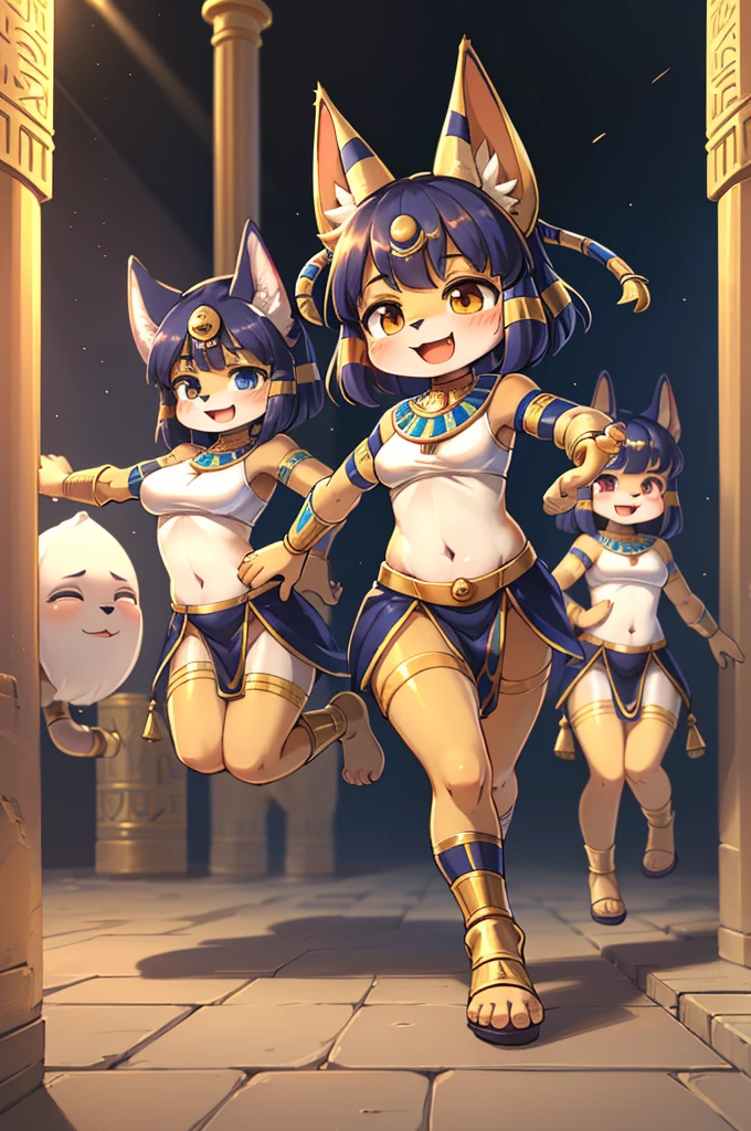 hairy chibi Bastet girl , Body Type , round body , round face , Hair ties , innocent big smile , close eyes , open mouth , Ancient Egyptian neat clothing , in the ancient Egypt , dynamic childish Running around action , (Several model body style adult servants:1.5)