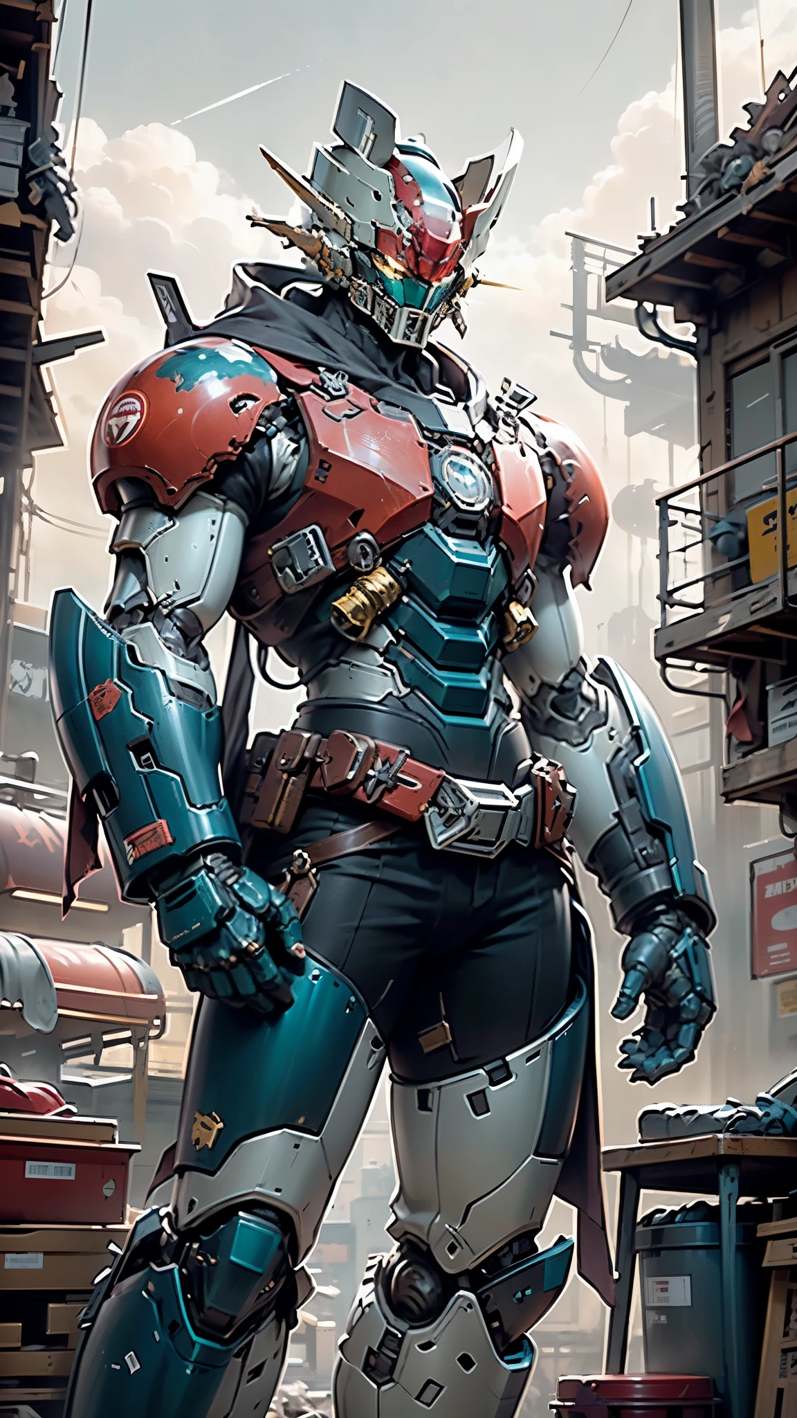 A man wearing a full-face helmet, a fantasy-style biotech armored combat suit, green eyes, (a composite layered chest armor), fully enclosed shoulder guards, matching arm and leg guards, the belt is adorned with Z mark, (the color scheme is primarily white with red and blue accents), the design balances heavy with agility, a high-tech bio-mecha armor, (Armor Concept Inspired by Mazinger Z, stand on the top of a skyscraper in a futuristic sci-fi city), this character embodies a finely crafted fantasy-surreal style armored hero in anime style, exquisite and mature manga art style, (battle damage, element, plasma, energy, the armor glows), ((male:1.5)), metallic, real texture material, dramatic, high definition, best quality, highres, ultra-detailed, ultra-fine painting, extremely delicate, professional, perfect body proportions, golden ratio, anatomically correct, symmetrical face, extremely detailed eyes and face, high quality eyes, creativity, RAW photo, UHD, 32k, Natural light, cinematic lighting, masterpiece-anatomy-perfect, masterpiece:1.5