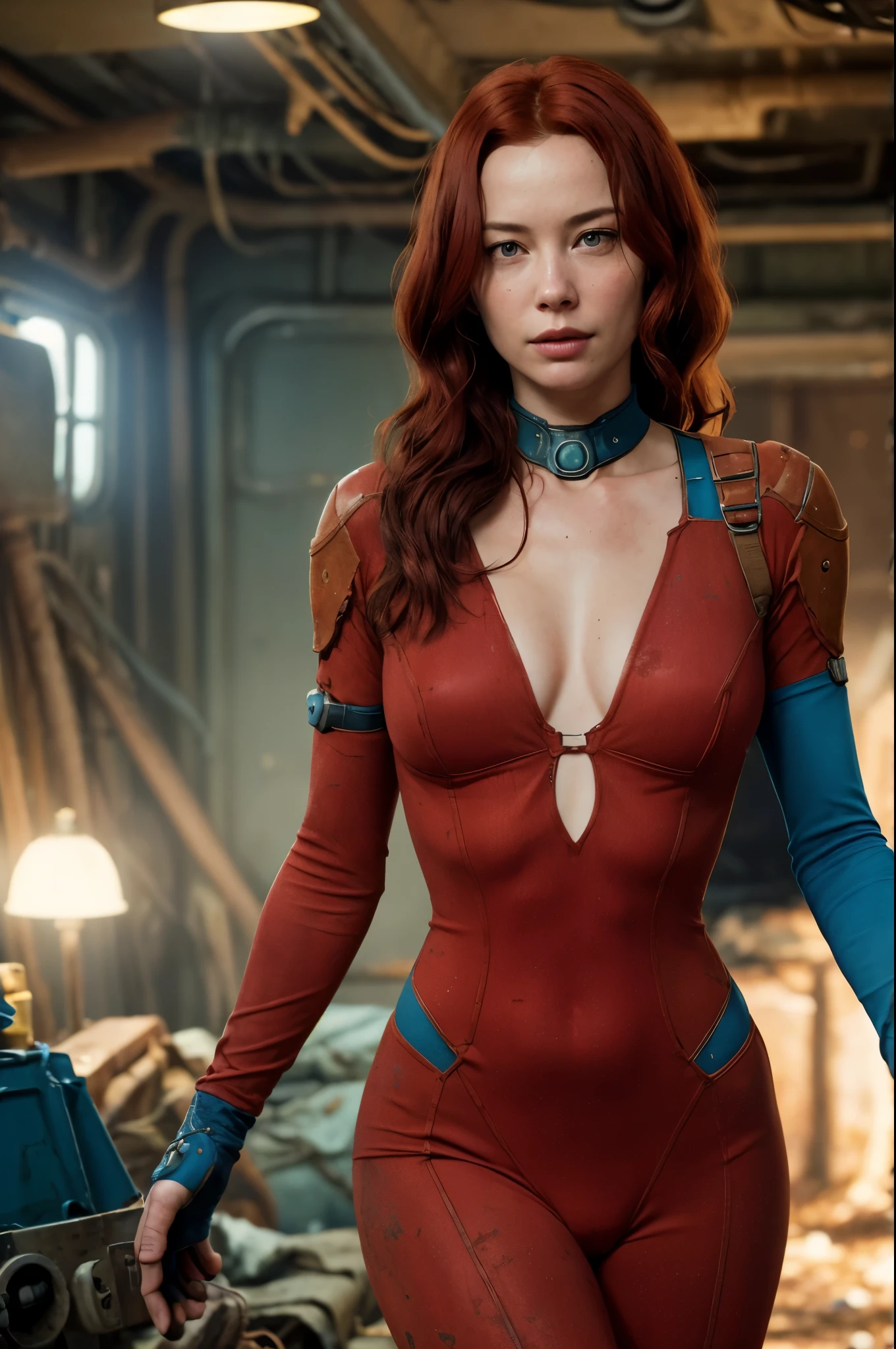 An innocent and beautiful young woman, (Lena Headey:Gillian Jacobs:0.5), long dark red hair, (wearing a blue deeply plunging bodycon Fallout 4 vaultsuit), cleavage, armed, high detail face, high detail skin, seductive expression, perfect body, (perfect proportions), a Fallout 4 vault interior background, high quality, (masterpiece), (realistic photo), intricately detailed, 8k, HDR, shallow depth of field, wide light, high contrast, backlight, sharp focus, RAW color photo, looking at the camera, vivid colors, in the style of Fallout 4