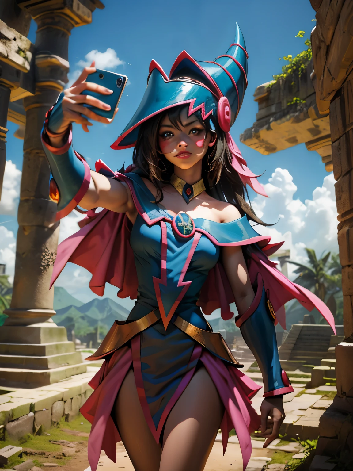 Dark magician taking a selfie in some Mayan ruins. Ella tiene cabello rubio. ojos azules. Labios rojos. Se toma una selfies en  unas ruinas mayas. Selva y jaguares a si alrededor 