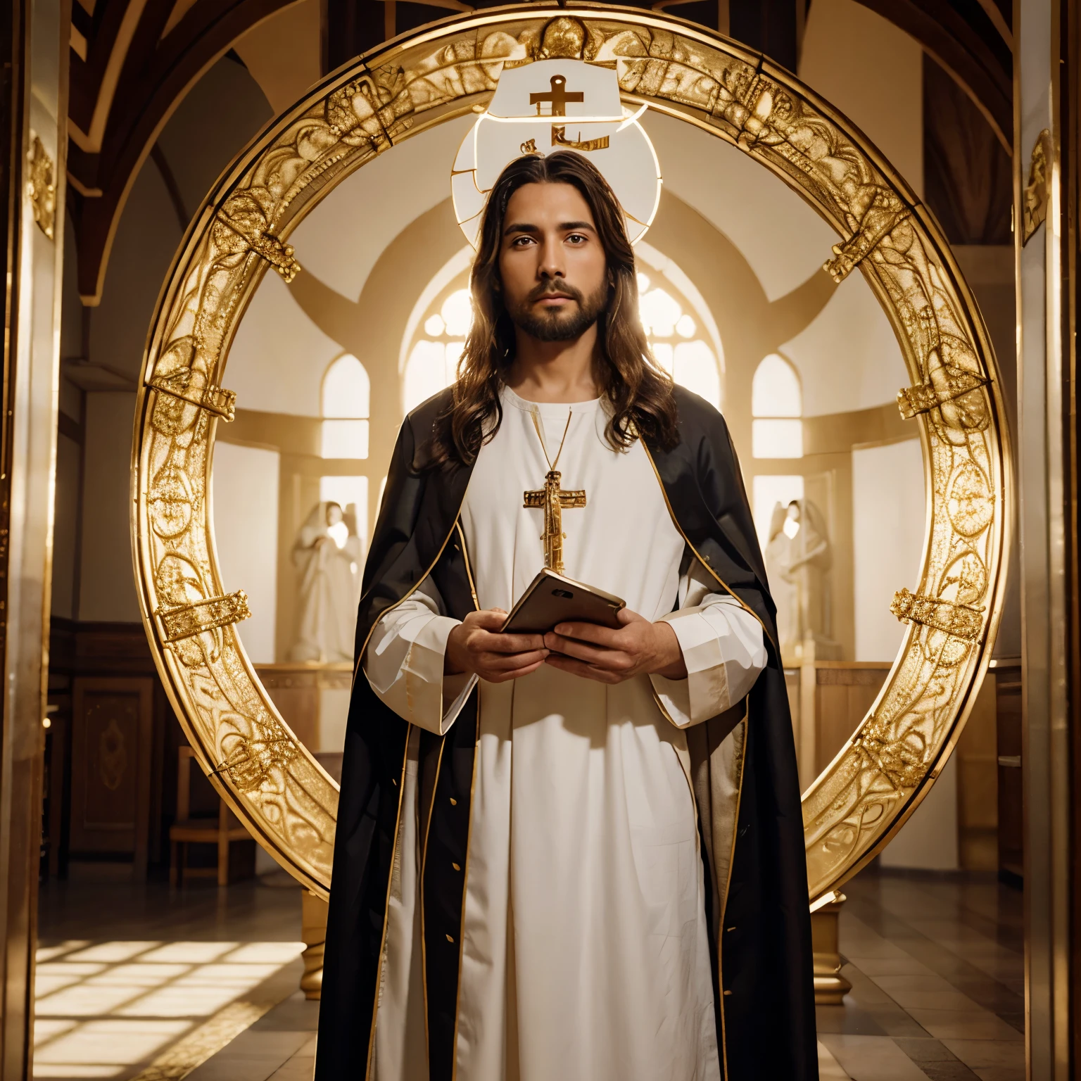 Create an image of Jesus Christ in the Most Holy Place wearing his priestly vestments 