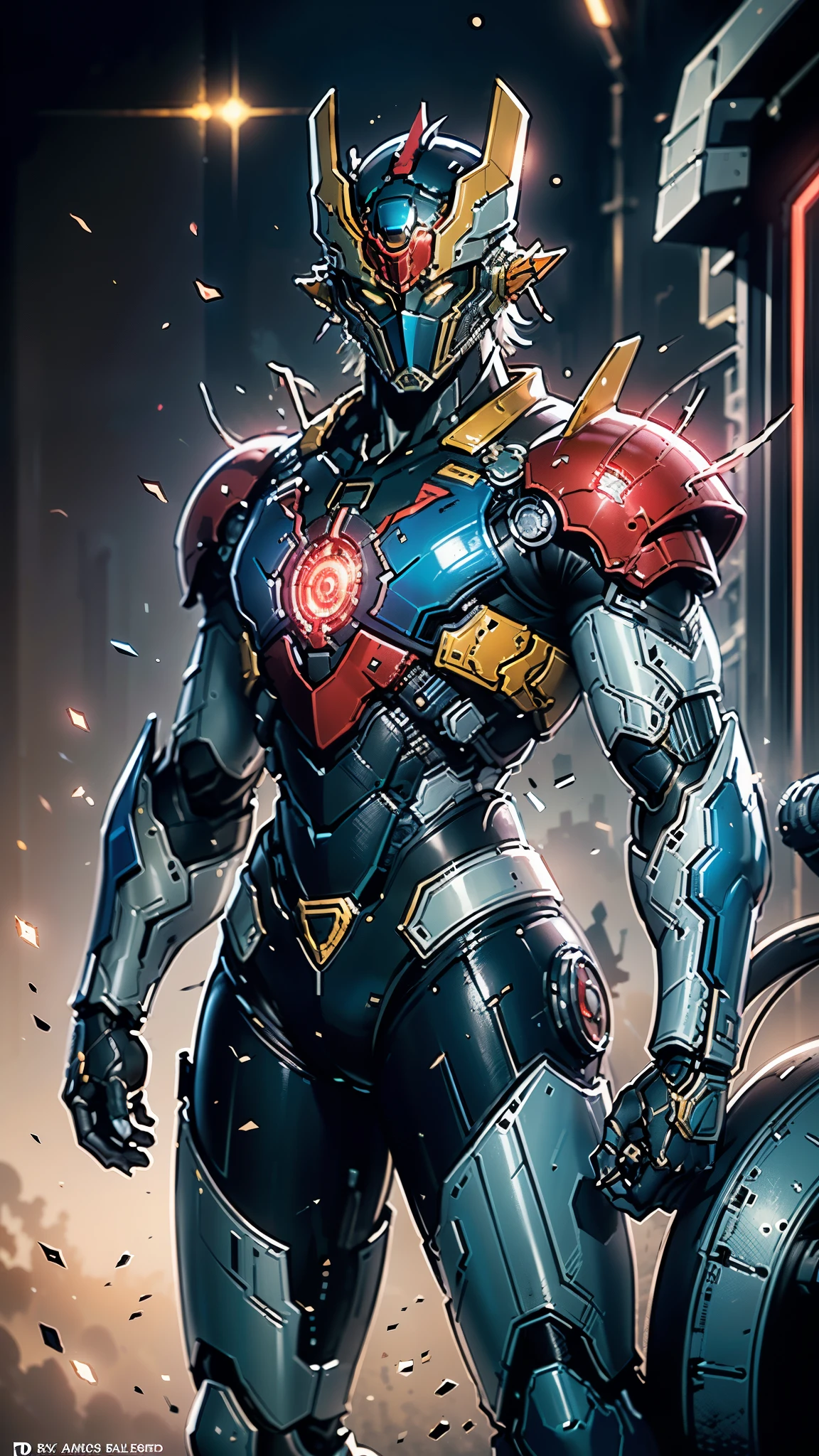 A man wearing a full-face helmet, a fantasy-style biotech armored combat suit, green eyes, (a composite layered chest armor), fully enclosed shoulder guards, matching arm and leg guards, the belt is adorned with Z mark, (the color scheme is primarily white with red and blue accents), the design balances heavy with agility, a high-tech bio-mecha armor, (Armor Concept Inspired by Mazinger Z, stand on the top of a skyscraper in a futuristic sci-fi city), this character embodies a finely crafted fantasy-surreal style armored hero in anime style, exquisite and mature manga art style, (battle damage, element, plasma, energy, the armor glows), ((male:1.5)), metallic, real texture material, dramatic, high definition, best quality, highres, ultra-detailed, ultra-fine painting, extremely delicate, professional, perfect body proportions, golden ratio, anatomically correct, symmetrical face, extremely detailed eyes and face, high quality eyes, creativity, RAW photo, UHD, 32k, Natural light, cinematic lighting, masterpiece-anatomy-perfect, masterpiece:1.5