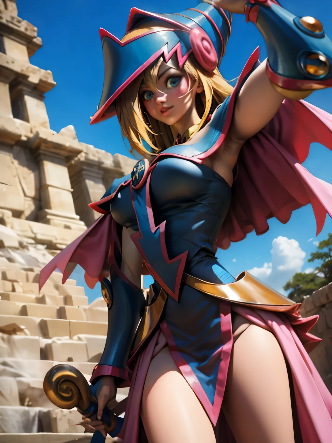 Dark magician taking a selfie in some Mayan ruins. Ella tiene cabello rubio. ojos azules. Labios rojos. Se toma una selfies en unas ruinas mayas. Selva y jaguares a si alrededor