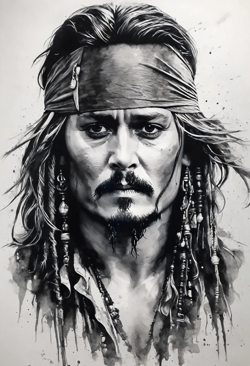 8k,Ink painting,Black and white painting,Beautiful detailed glass hair,Pirates of the Caribbean,Johnny Depp,