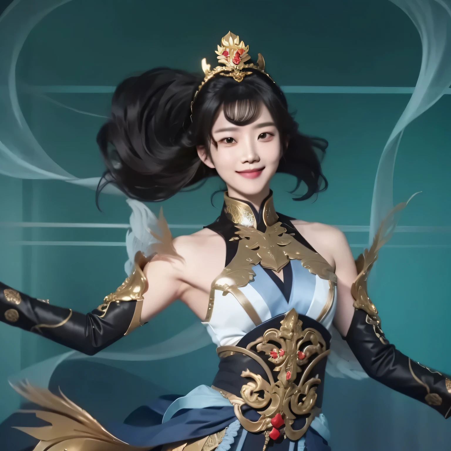 Real life adaption of this character , Korean handsome man ,realistic long black hairstyle,realistic same outfit,hyper realistic,realism,realistic light,realistic shadow(photorealistic:1.2),plate headband, villain smile