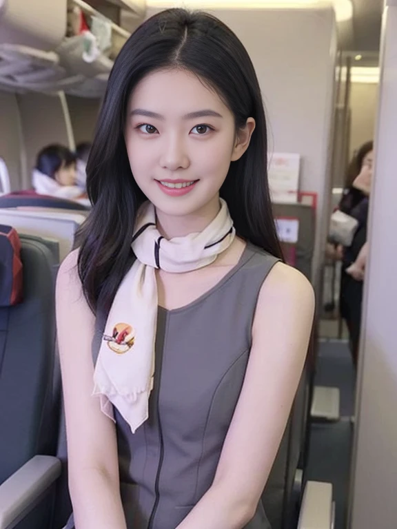 Best quality, masterpiece, ultra high res, (photorealistic:1.2).VEEN is a beautiful cabincrew,wears JAL cabincrew uniform,jal scarf around the neck,standing in the airplane .detailed skin,more slender and thin body,,round baby face,more realistic skin,tt_mosquito:0.9,(small hip),big head , {model intro},HI.. my name is VEEN ,I am a slim and skinny17 year old girl with long hair,soft makeup,((what a slim and fragile girl she is !!!)),medium tits,slenderness,  slender body,cheerful smile,  teeth ,mouth open,courteous manner,from front,looking to her left