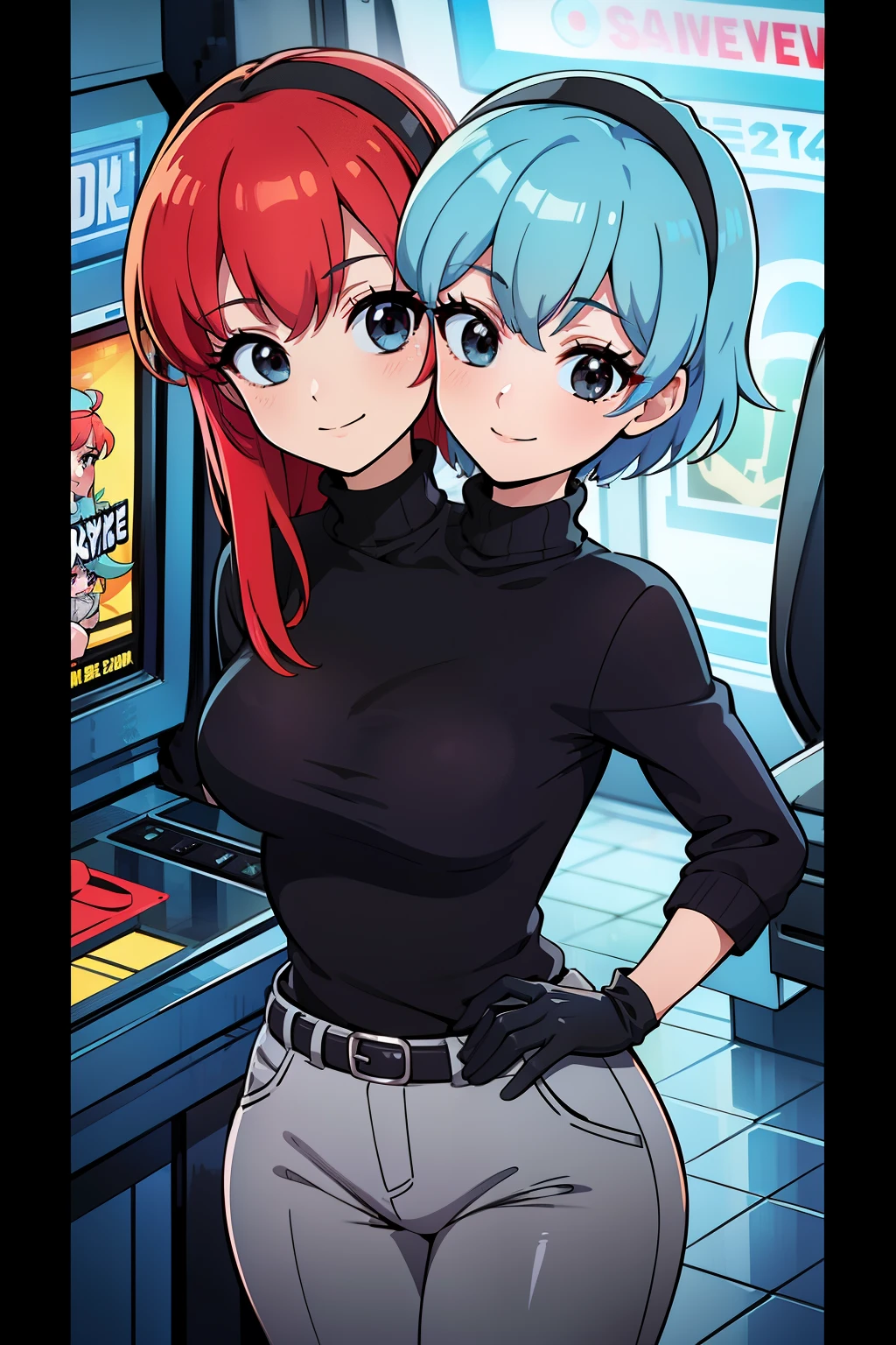 best quality, (masterpiece),(ultra-detailed), (high quality), (high resolution), ((2heads:1.5)), best quality:1.5, highres, UHD, 16K), smiling, highres, masterpiece, ((light blue hair)), ((red hair)), ((different hair colors)), gamer girl, long hair, hair band, black eyes, ((black turtleneck shirt)), grey pants, arcade room, (black gloves), cowboy shot