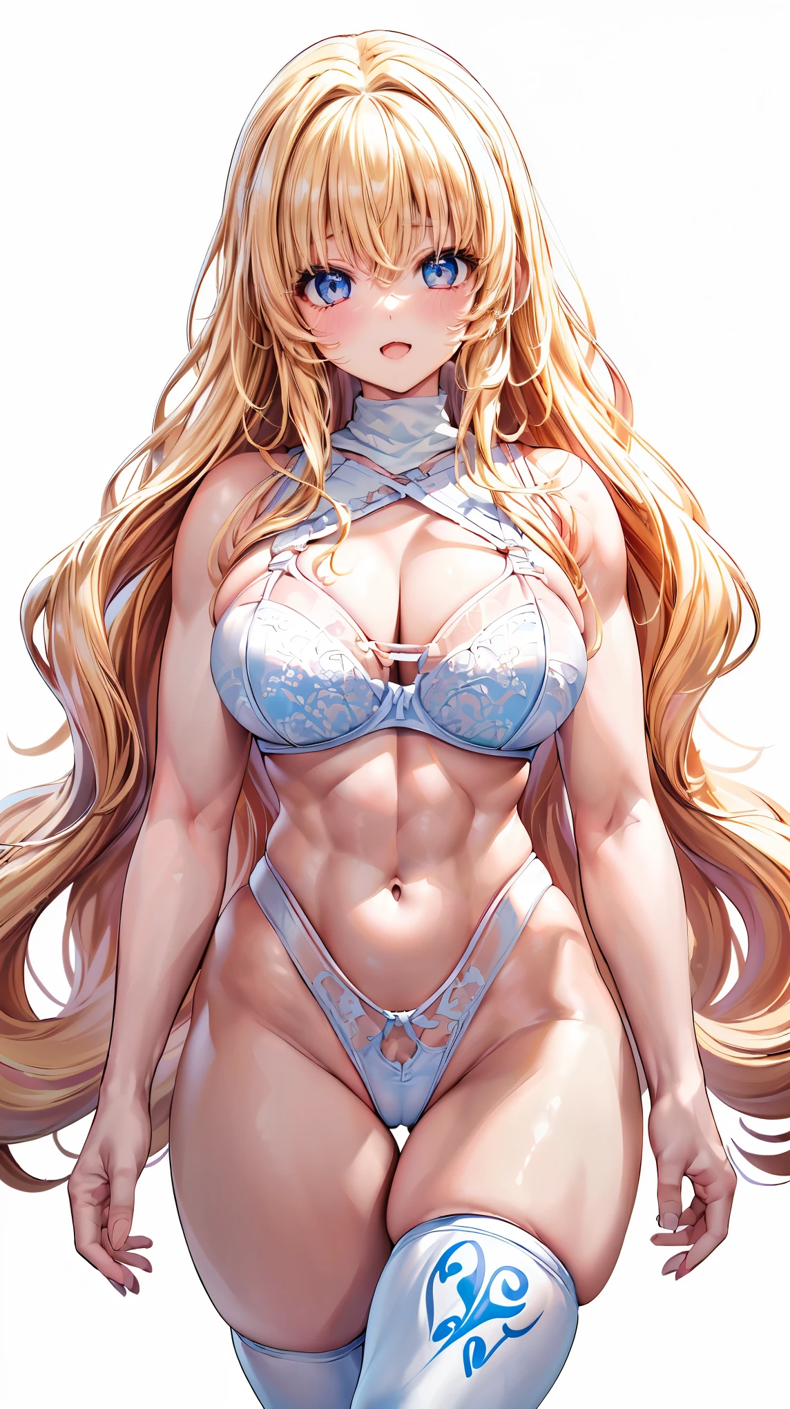 Very detailed、highest quality、Best image quality、masterpiece、8k、Anime Face、A kind smile、(Open your mouth:1.3)、Sparkling blue eyes、(Blonde Wavy Hair:1.5)、(Muscles of the whole body:1.3)、(highleg:2.0)、Thigh belt、(Cowboy Shot:1.5)、(SFW Giant)、(Thick body:1.2)、(bra:1.5)、(sxspnts)、(White background:1.5)