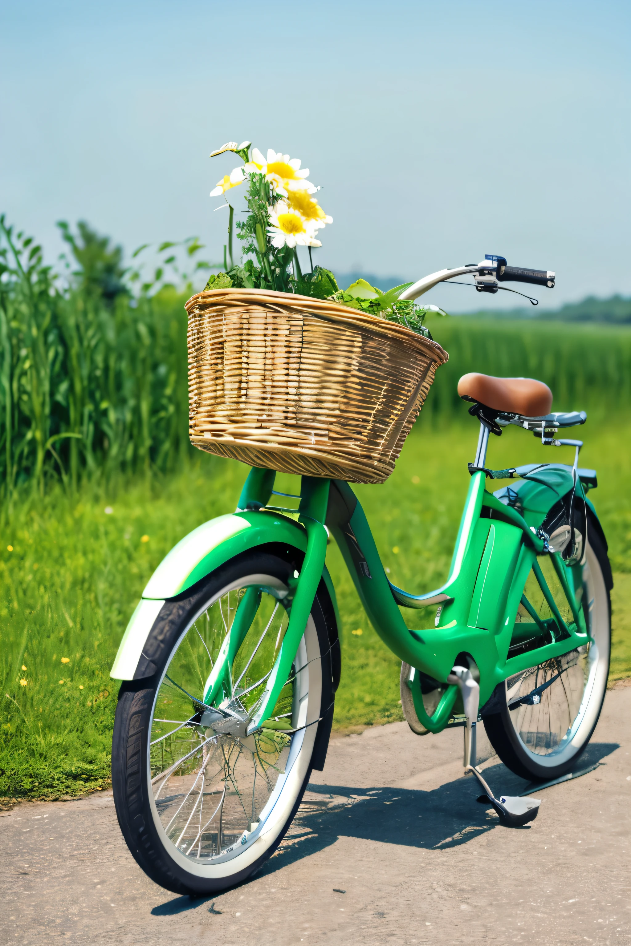 green々In the middle of the plain There is a white bike A flower basket is placed on the bicycle.