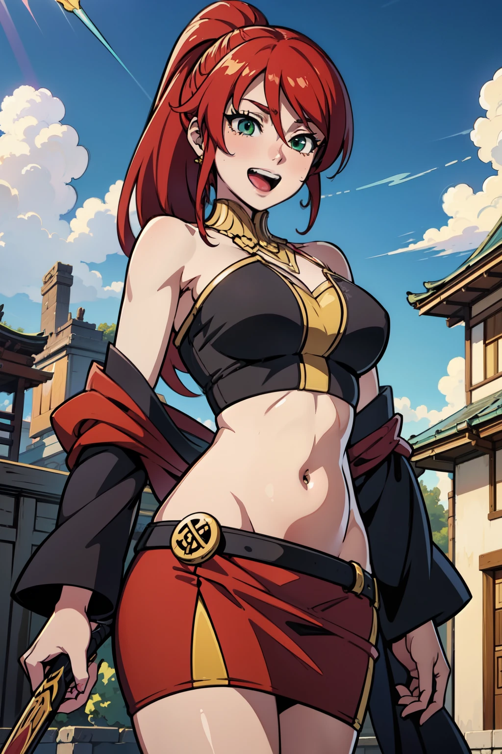 PyrrhaNikos, green eyes, red hair, ponytail, long hair, masterpiece, best quality, highly detailed, a anime girls in kimono dress with a sword posing for a
picture, bare shoulder,open kimono, evil smile, open mouth, crop top , , smile,
ecchi anime style, anime girls, ecchi style, ecchi, digital anime art!!, in anime style, official artwork, visual
novel cg, beautiful anime girl, anime style 4 k, kimono pencil skirt, exposed belly, exposed navel,
exposed midriff, exposed lower belly, outdoor, japanese architecture, temple