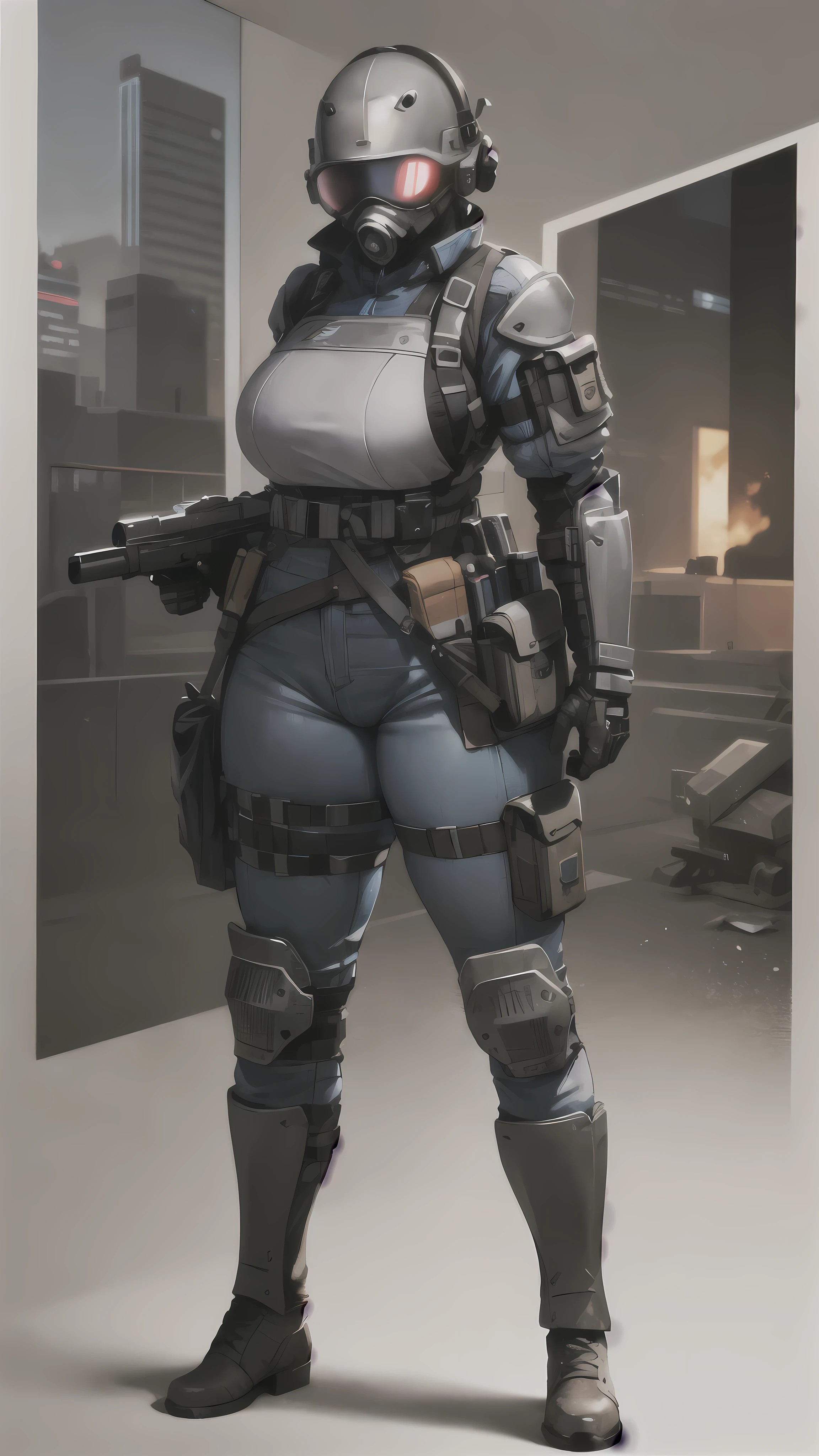 combine soldier, 1girl, solo, standing, helmet, gloves, looking at viewer, facing viewer, military, science fiction, jumpsuit, bulletproof vest, breasts, wide hips, skintight, combat boots, coat around waist, mechanic girl, holster, chest rig, ammo pouches, satchel, toolbelt, vest collar, body armor, shoulder pads, thigh pads, kneepads, armor, high quality shadows, glowing eyes, straps, shotgun shells, menacing, thick thighs, riot gear, riot helmet, bullet proof visor, padded armor, viewing side, helmet accessories, accessories, skin indentation, large breasts, thigh slit, dystopic background, dystopian world,