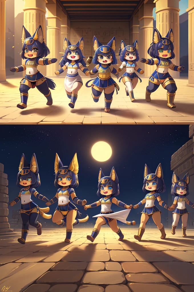 super deformed comic style , hairy chibi Bastet girl , Body Type , round body , round face , Hair ties , innocent big smile , close eyes , open mouth , Ancient Egyptian neat clothing , in the ancient Egypt , dynamic childish Running around action , (Several model body style adult servants:1.5)