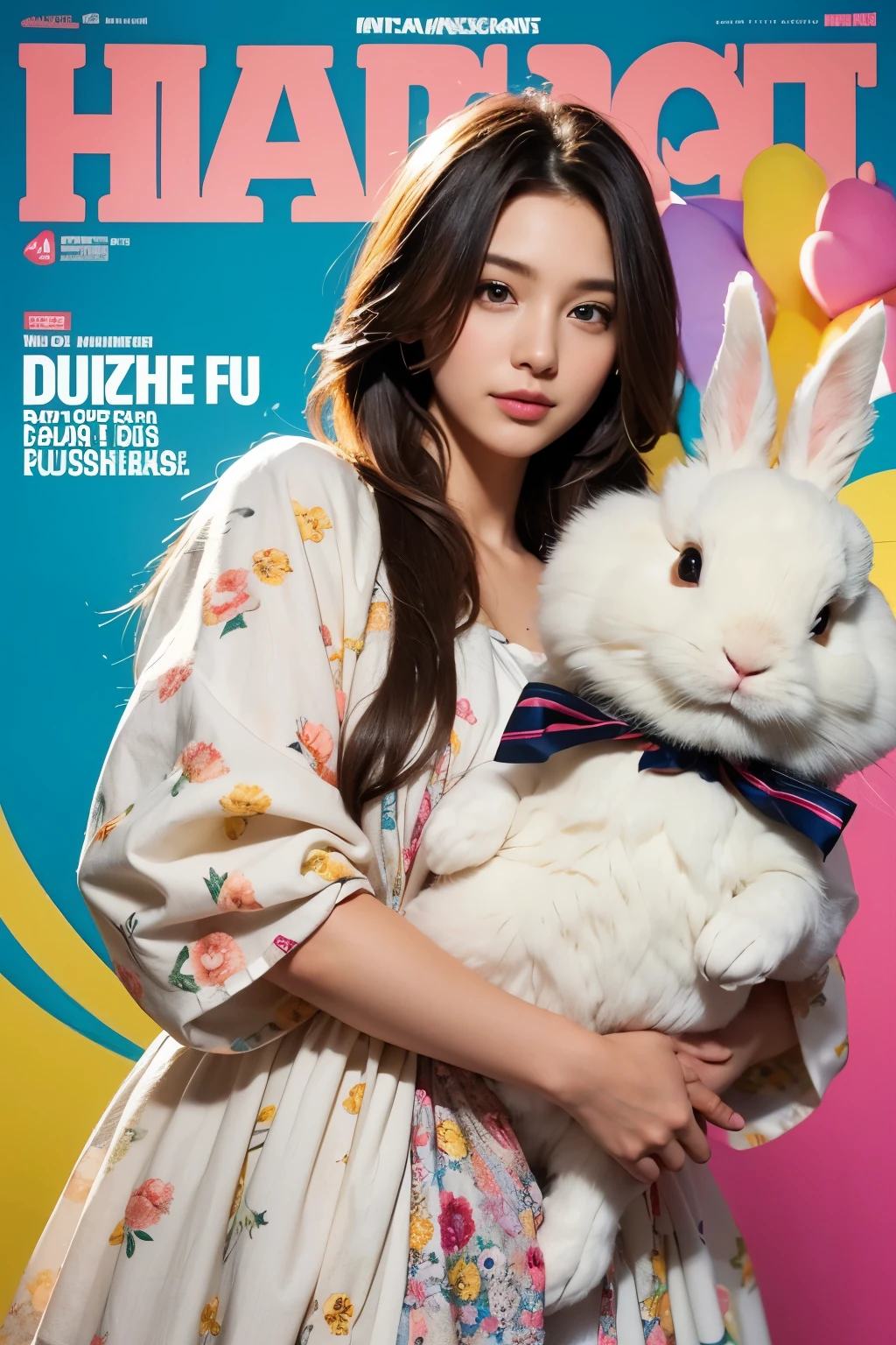 Model and background intact, Beautiful woman holding a large rabbit doll, Colorful background, magazine pose,