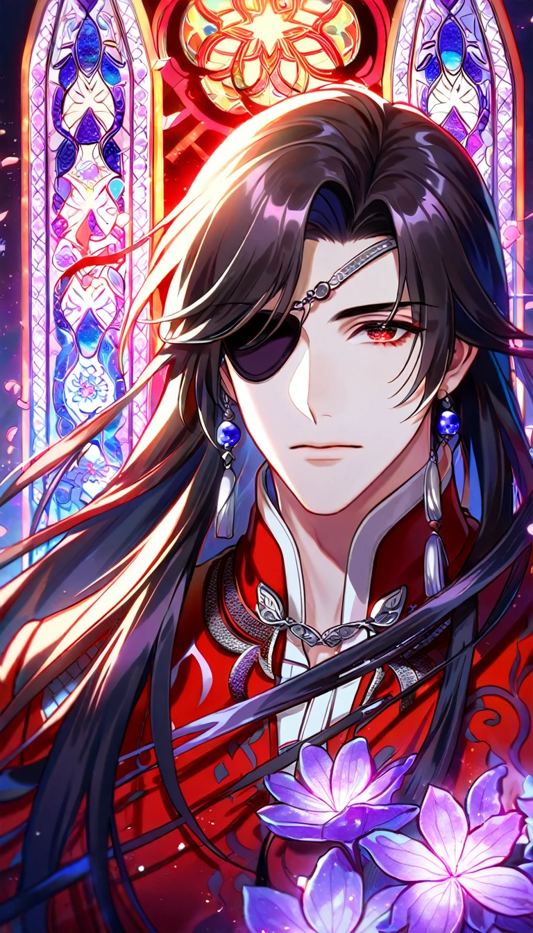 Ultra detailed, HDR, Highres, absurdres, master piece, Hua Cheng, black long hair, expressive red eye, black eye patch, Heaven Official's Blessing, patterns, red clothes, purple stained glass, purple ice, petals, purple ice flowers, sexy man, solo, extremely detailed face and eyes, extremely handsome, glittering, purple glass