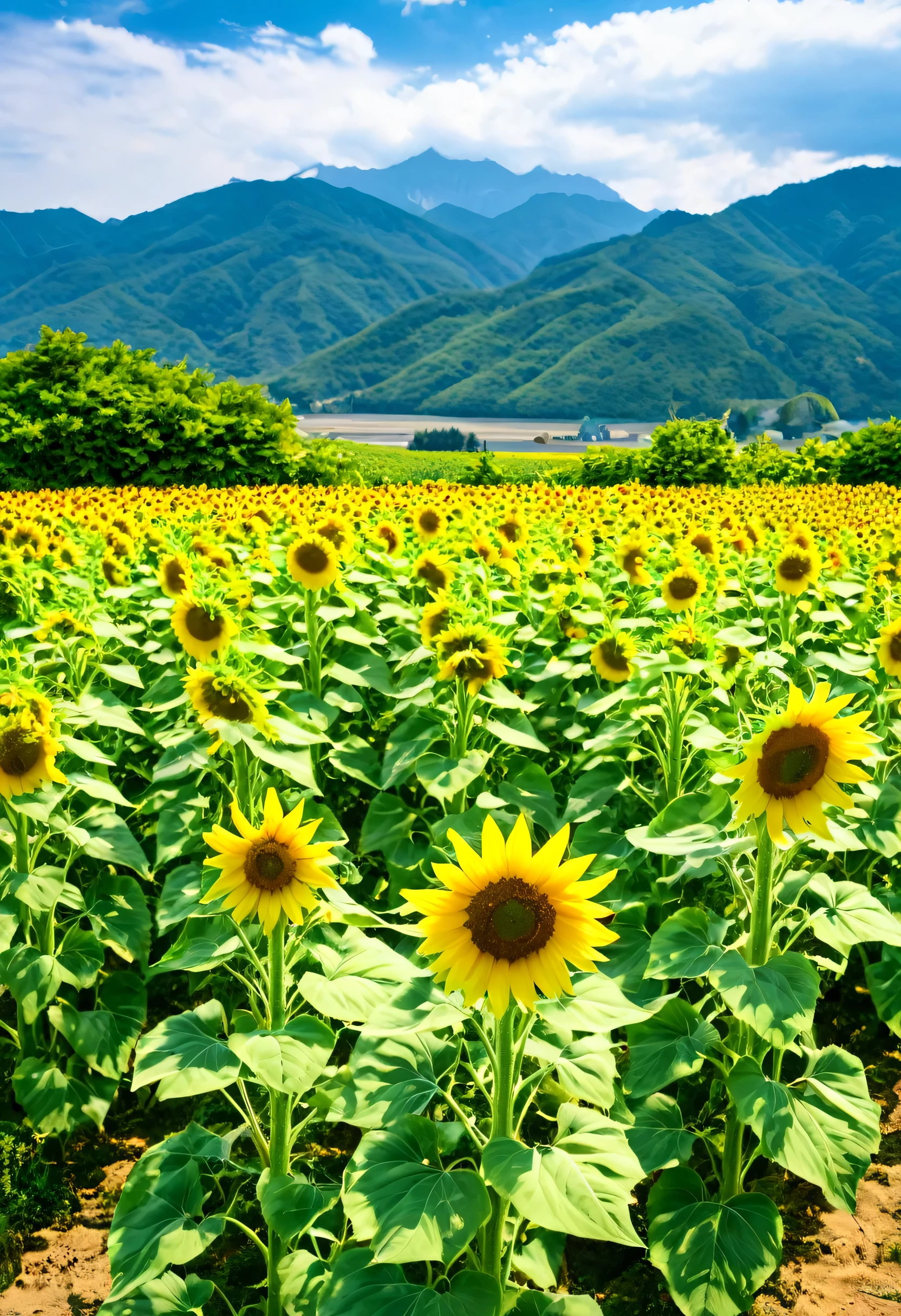 there are many sunflower in a field with mountains in the background, a picture by Yasushi Sugiyama, Shutterstock, Romanticism, scene : Sunflower field, scene: Sunflower field, Sunflower field, field of sunflower, sunflower, color : yellow sunflower, color: yellow sunflower, Photo taken with Nikon D750, Photo taken with Nikon D750