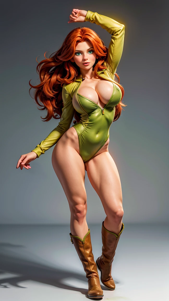 8k, Ultra HD, super details, high quality, high resolution. The heroine Rogue, looks beautiful in a full body photo, her body is sculptural, her long red hair with white streaks and wavy, is radiant in a perfect combination with her white skin, her bright green eyes mesmerize everyone. She is wearing her heroine costume which consists of, A tight bodysuit in green and yellow colors, High yellow boots, A brown leather jacket. She looks very sexy, drawing attention to her big breasts and thick legs.