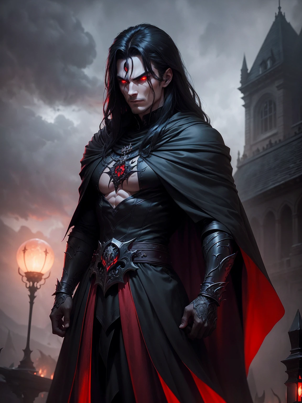 a dark muscular male evil lord, long flowing black hair, black and red cloak, piercing red eyes, menacing expression, powerful aura, standing in a dimly lit chamber,, casting eerie shadows, , adorned with intricate details, with a sinister grin, exuding an aura of darkness, with an intimidating presence, in a gothic castle, with imposing architecture, shrouded in mist, under a blood-red moon, with a storm brewing in the background, creating a foreboding atmosphere, reminiscent of a dark fantasy novel cover, with a dramatic lighting, emphasizing the contrast between light and shadow, evoking a sense of mystery and danger, with a touch of supernatural elements and captivating artistry."