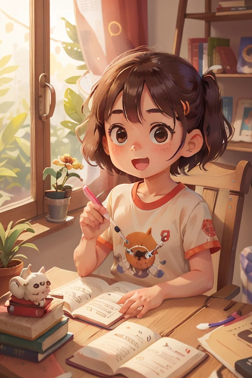 An 8-year-old is sitting at a wooden desk, em uma biblioteca iluminada por uma grande janela. The day is sunny. She is writing in a book, segurando uma caneta. She is happy. qualidade perfeita, Foco claro, (obra de arte: 1.2) (realista: 1.2) (Bokeh) (melhor qualidade) (pele detalhada: 1.3) (detalhes intrincados) (8k) (detalhe do olho) (sharp focus), (feliz)