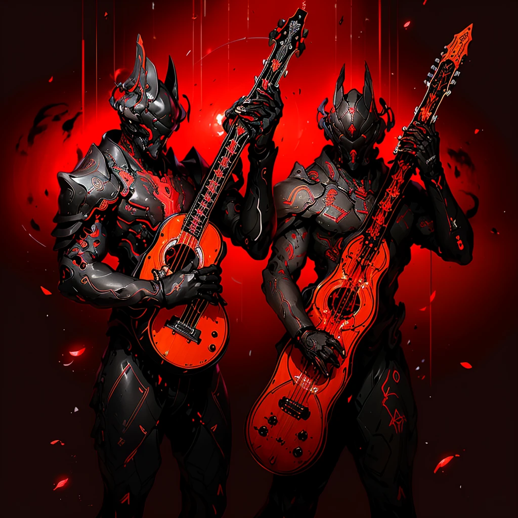 A black heavy metal guitar with red details transcending in red rays and blood everywhere.