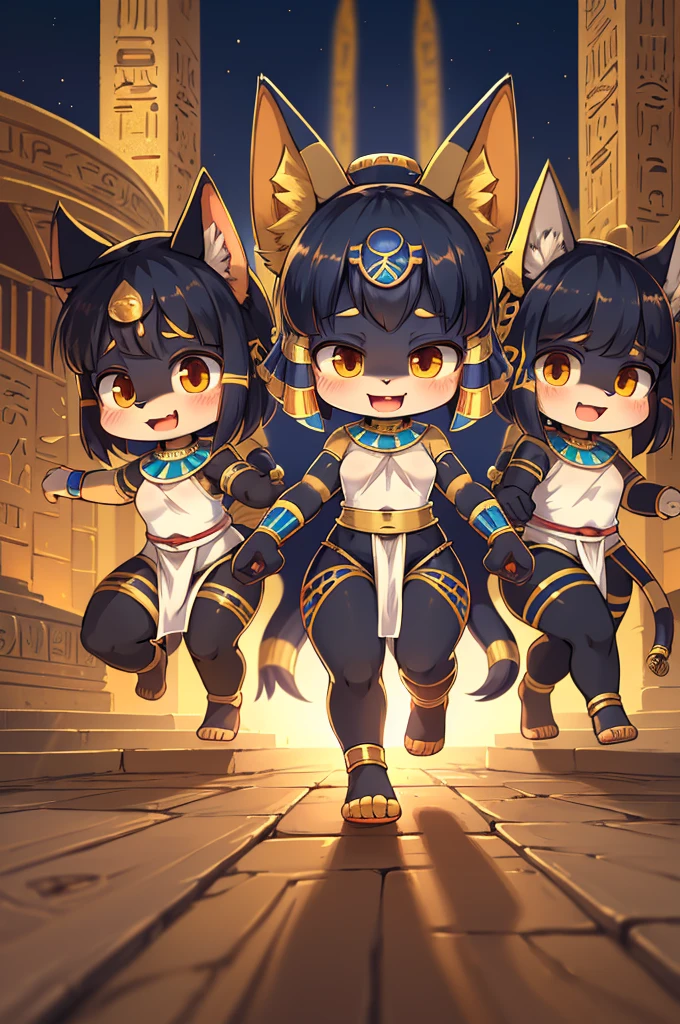 super deformed comic style , hairy chibi Bastet girl , Body Type , round body , round face , Hair ties , innocent big smile , close eyes , open mouth , Ancient Egyptian neat clothing , in the ancient Egypt , dynamic childish Running around action , (Several model body style adult servants:1.5)