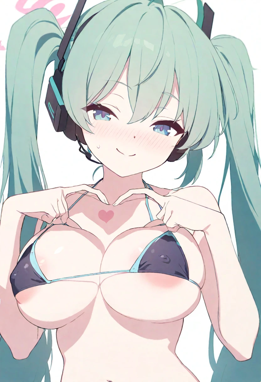 hatsune_miku commentary_request 1girl areola_slip bikini bikini_top_only black_bikini blue_eyes blush breasts closed_mouth collarbone covered_nipples eyebrows green_hair groin hair_between_eyes halterneck head_tilt headset heart heart_hands large_breasts long_hair micro_bikini navel nose_blush silhouette smile solo swimsuit twintails upper_body very_long_hair white_background