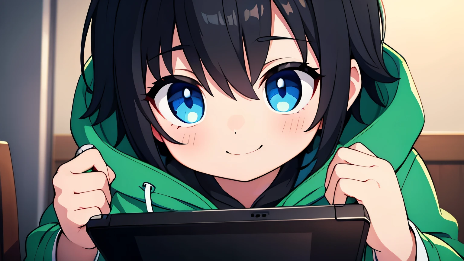 1 boy, black hair, blue eyes, wearing green hodie, looking at the viewer and smiling, playing games, high res, ultrasharp, 8k, masterpiece