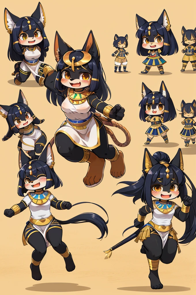 super deformed comic style , hairy chibi Bastet girl , Body Type , round body , round face , Hair ties , innocent big smile , close eyes , open mouth , Ancient Egyptian neat clothing , in the ancient Egypt , dynamic childish Running around action , (Several model body style adult servants:1.5)