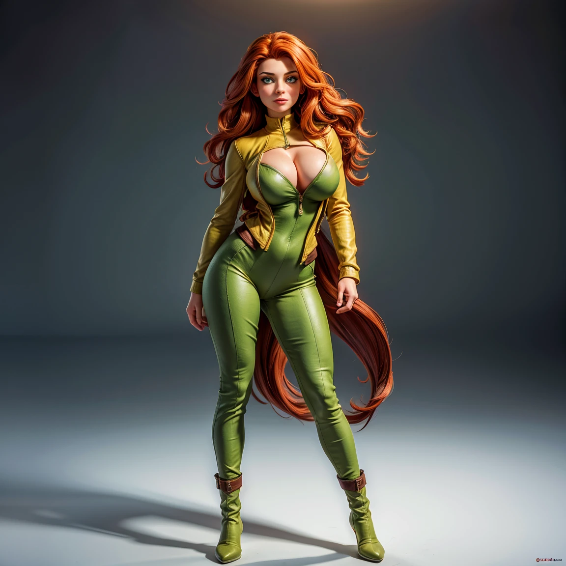8k, Ultra HD, super details, high quality, high resolution. The heroine Rogue, looks beautiful in a full body photo, her body is sculptural, her long red hair with white streaks and wavy, is radiant in a perfect combination with her white skin, her bright green eyes mesmerize everyone. She is wearing her heroine costume which consists of, A tight bodysuit in green and yellow colors, High yellow boots, A brown leather jacket. She looks very sexy, drawing attention to her big breasts and thick legs.