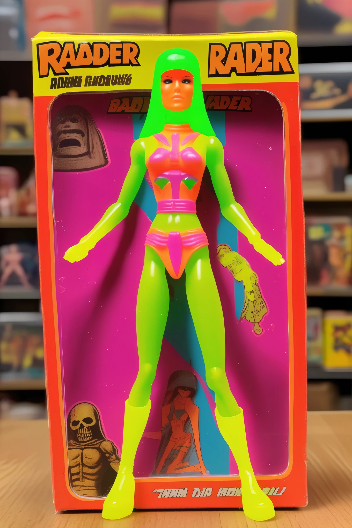 1987 Action Figure Playset Packaging - a 1970s die cast kenner style action figure shaped like a neon colored the girl as tomb rader standing next to its cardboard and plastic packaging