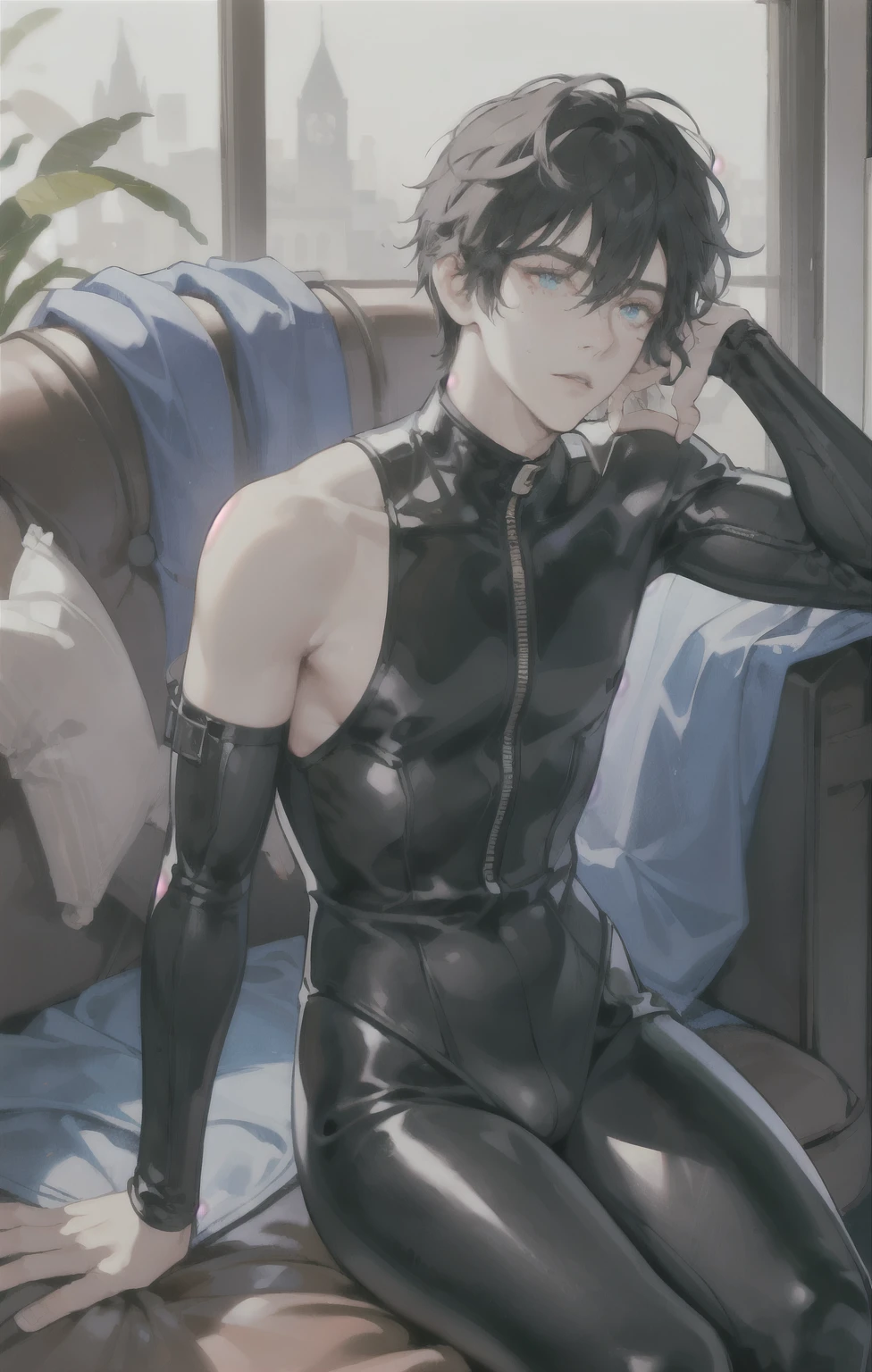 masterpiece, best quality, ultra detailed, (solo man), (male focus), (( adult man)), ((Oblong face)), ((Square jawline)), black hair, ((hairs between eyes)), ((shoulder length)), ((narrow blue eye)), fair skin, slim weak body, beauty mark, nsfw, Leather catsuit costume, sitting