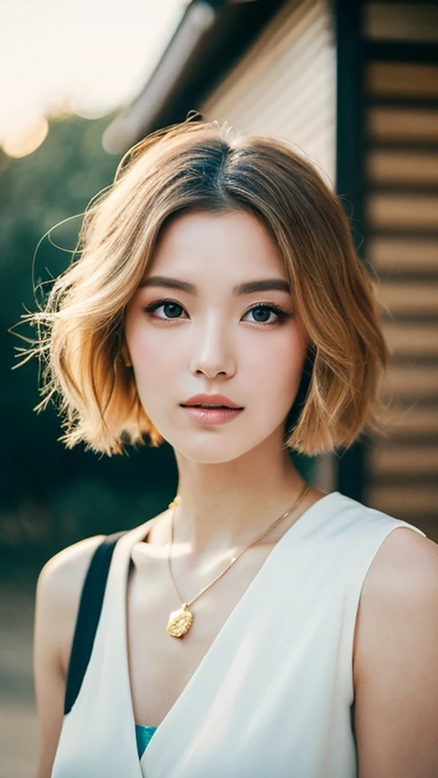 "​masterpiece, top-quality, 1girl in, blue eyes, light brown hair+golds、short-cut、gradation hair、 Wuxi Whiteware, a necklace、beautiful countenance,  ​​clouds, Natural light、waved hair、Model body type、Slimed、A slender、small tits、Very small breasts、21-year-old Japan woman、off shoulders