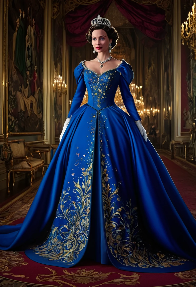 In a classic Disney style, create an ultra-detailed, high-resolution masterpiece depicting a villainous queen wearing an exquisite regal dress. The queen is the main subject of the artwork and should be portrayed with remarkable attention to detail. Her eyes are captivating and filled with a hint of mischief, emphasizing her sinister nature. Her lips are beautifully detailed, with a seductive and cunning expression. The queen's face and overall appearance exude an air of elegance and power.
The dress is the centerpiece of the composition, made from rich and luxurious materials. It cascades in multiple layers, with intricate patterns and embellishments that showcase the queen's regal status. The dress should be exquisitely crafted, reflecting the artistry and skill of the finest illustrators. The colors used in the dress are vibrant and contrasting, adding to the visual impact of the artwork.
The scene is set in a grand hall, illuminated by soft, atmospheric lighting. The lighting accentuates the queen's presence, casting dramatic shadows that contribute to the overall atmosphere of mystery and intrigue. The background can be adorned with opulent decorations, such as ornate tapestries and chandeliers, further emphasizing the queen's royal status.
The artistic style should capture the essence of classic Disney animation, with a touch of sophistication and elegance. The colors are vibrant and vivid, reminiscent of traditional hand-painted illustrations. The level of detail and realism is reminiscent of professional concept artists' work, creating a visually stunning and captivating piece of art.