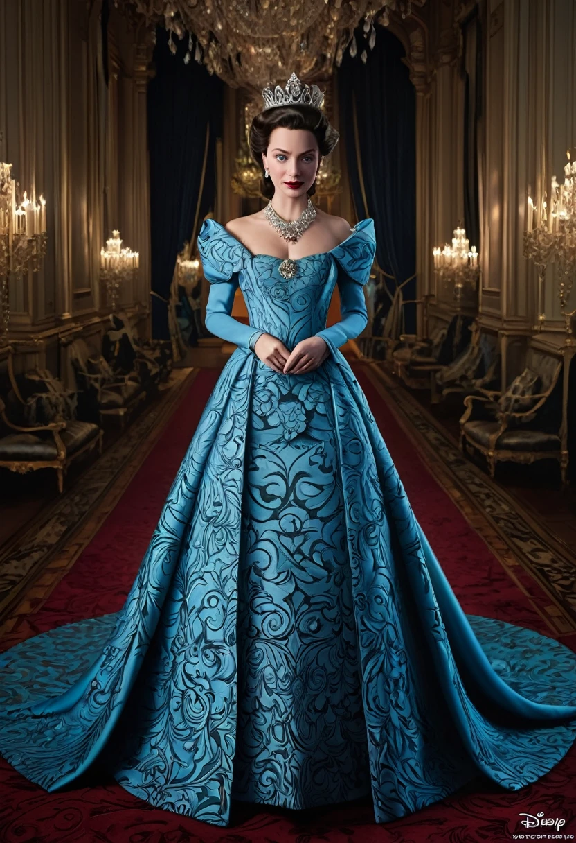 

In a classic Disney style, create an ultra-detailed, high-resolution masterpiece depicting a villainous queen wearing an exquisite regal dress. The queen is the main subject of the artwork and should be portrayed with remarkable attention to detail. Her eyes are captivating and filled with a hint of mischief, emphasizing her sinister nature. Her lips are beautifully detailed, with a seductive and cunning expression. The queen's face and overall appearance exude an air of elegance and power.

The dress is the centerpiece of the composition, made from rich and luxurious materials. It cascades in multiple layers, with intricate patterns and embellishments that showcase the queen's regal status. The dress should be exquisitely crafted, reflecting the artistry and skill of the finest illustrators. The colors used in the dress are vibrant and contrasting, adding to the visual impact of the artwork.

The scene is set in a grand hall, illuminated by soft, atmospheric lighting. The lighting accentuates the queen's presence, casting dramatic shadows that contribute to the overall atmosphere of mystery and intrigue. The background can be adorned with opulent decorations, such as ornate tapestries and chandeliers, further emphasizing the queen's royal status.

The artistic style should capture the essence of classic Disney animation, with a touch of sophistication and elegance. The colors are vibrant and vivid, reminiscent of traditional hand-painted illustrations. The level of detail and realism is reminiscent of professional concept artists' work, creating a visually stunning and captivating piece of art.

