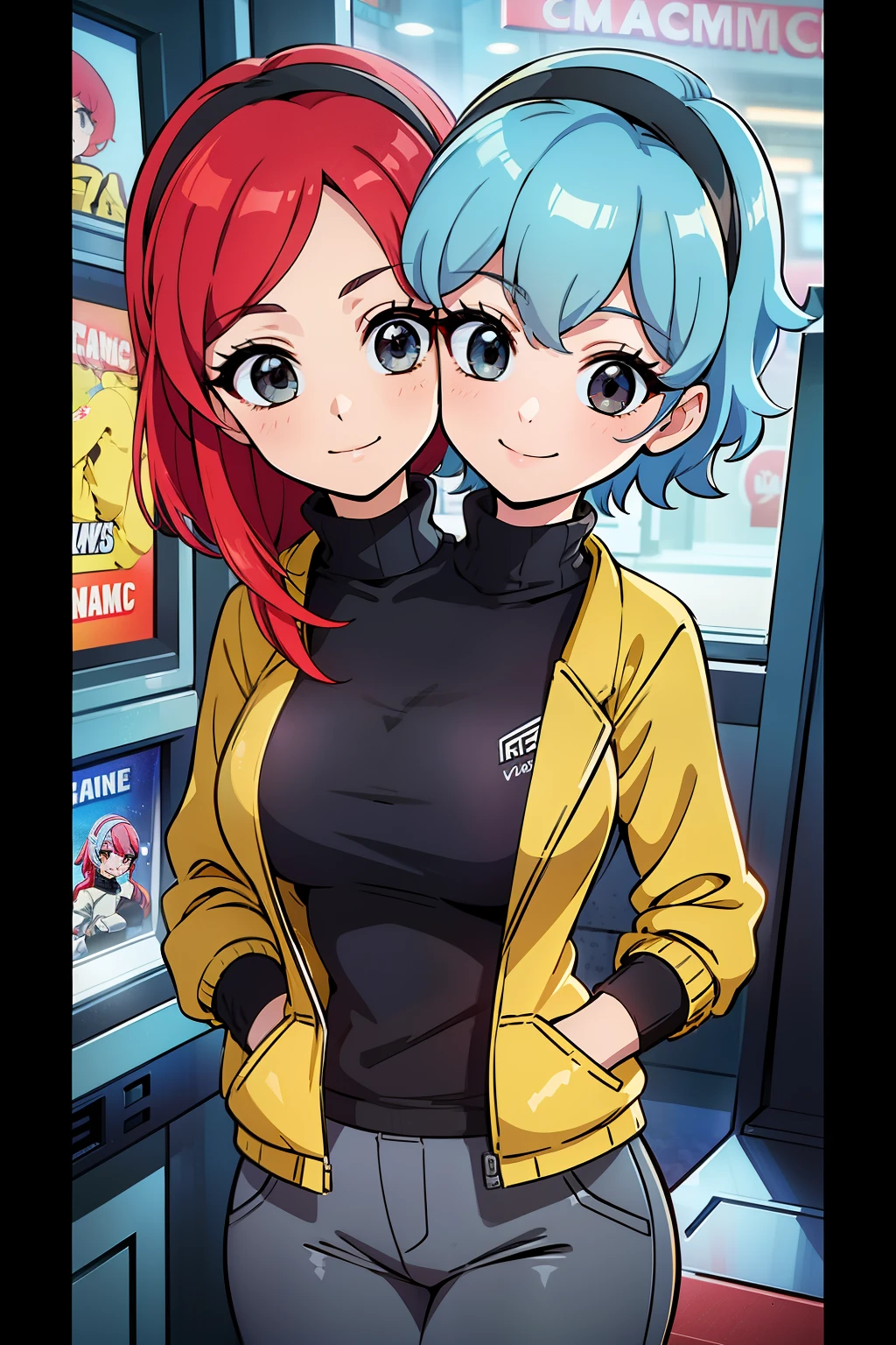 best quality, (masterpiece),(ultra-detailed), (high quality), (high resolution), ((2heads:1.5)), best quality:1.5, highres, UHD, 16K), smiling, highres, masterpiece, ((light blue hair)), ((red hair)), ((different hair colors)), gamer girl, long hair, hair band, black eyes, ((cinematic particles)), grey pants, arcade room, (black gloves), cowboy shot, ((yellow jacket over a black turtleneck))