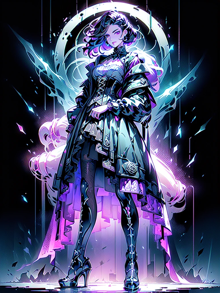 "(best quality,ultra-detailed,photorealistic:1.37),A girl with (beautiful detailed eyes:1.1:1.1), (long eyelashes:1.1),(blue eyes) and (fair skin as snow), (gotic dyed hair:1.1) (ruby red) (wavy and purple-tinged) (hair) wearing gothic outfit. The girl is standing in a (dark and mysterious:0.9) garden, surrounded by (twisted and overgrown) (black rose bushes), with (moonlight) casting an eerie glow. The girl's outfit consists of a (black lace) (corset), (voluminous) (black tulle) (skirt), and (high-heeled boots). Her (dark eyeliner:1.1:1.1) and (blood-red lipstick) add to her (intense and mysterious) gaze. The garden is filled with (subtle fog) and (ethereal shadows), creating an (haunting atmosphere). The (moonlit sky) above is (starry) and (dark), with a (full moon) shining brightly. The overall color palette of the scene is (dominated by dark, cool tones), with hints of (deep purples) and (rich blues). The lighting is (dramatic and moody), with (soft moonlight) casting shadows on the girl's face and outfit, emphasizing the (contrast between light and dark)."
Notice:The above is a longer version of the prompt,If you want to simplify you can omit some details or add details。