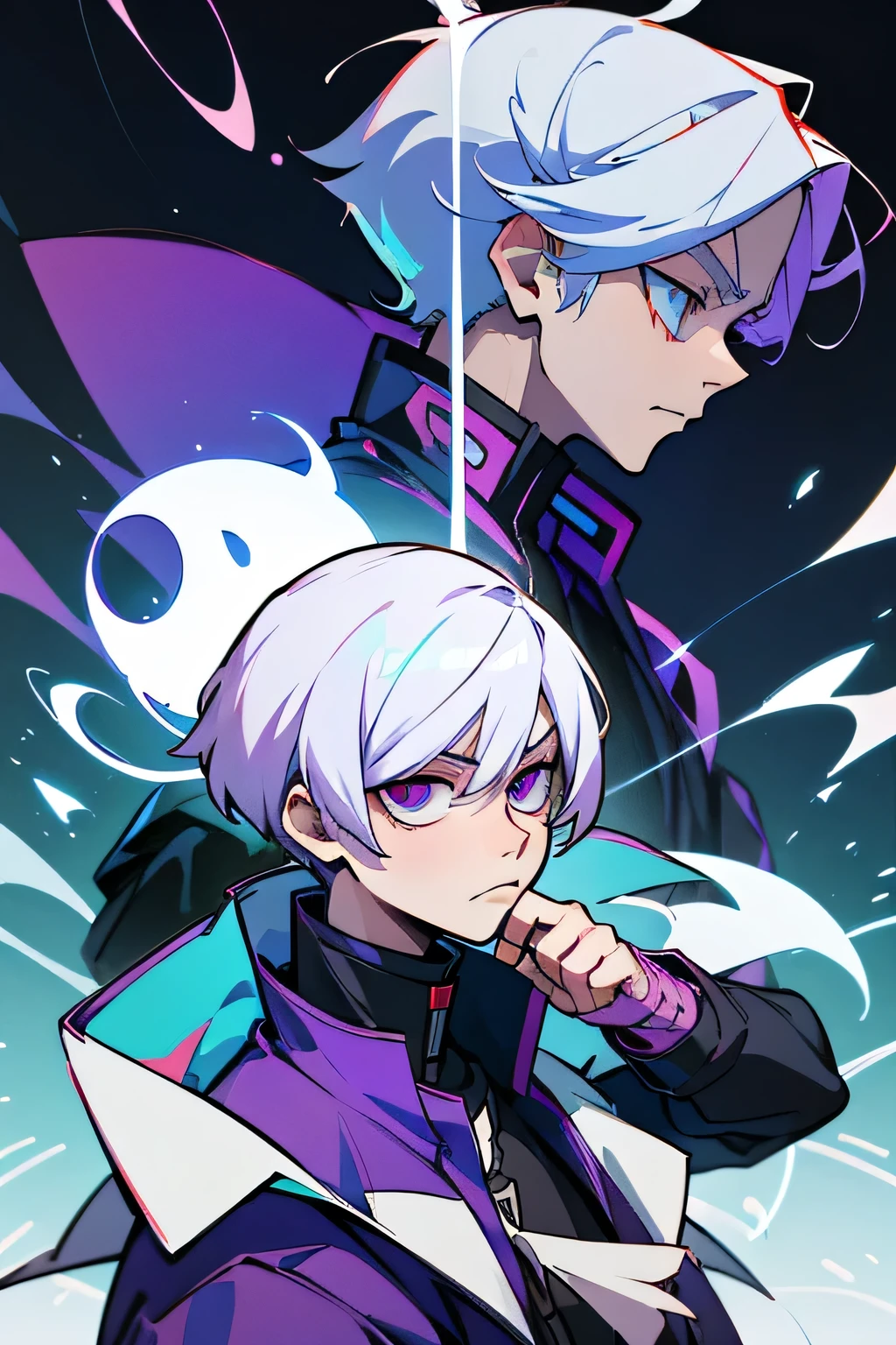 a man with white hair and a purple jacket holding a cell phone, cyberpunk art inspired by Munakata Shikō, tumblr, digital art, ufotable art style, anime wallaper, profile picture 1024px, trigger anime artstyle, badass anime 8 k, tokyo ghoul, 4k anime wallpaper, jujutsu kaisen