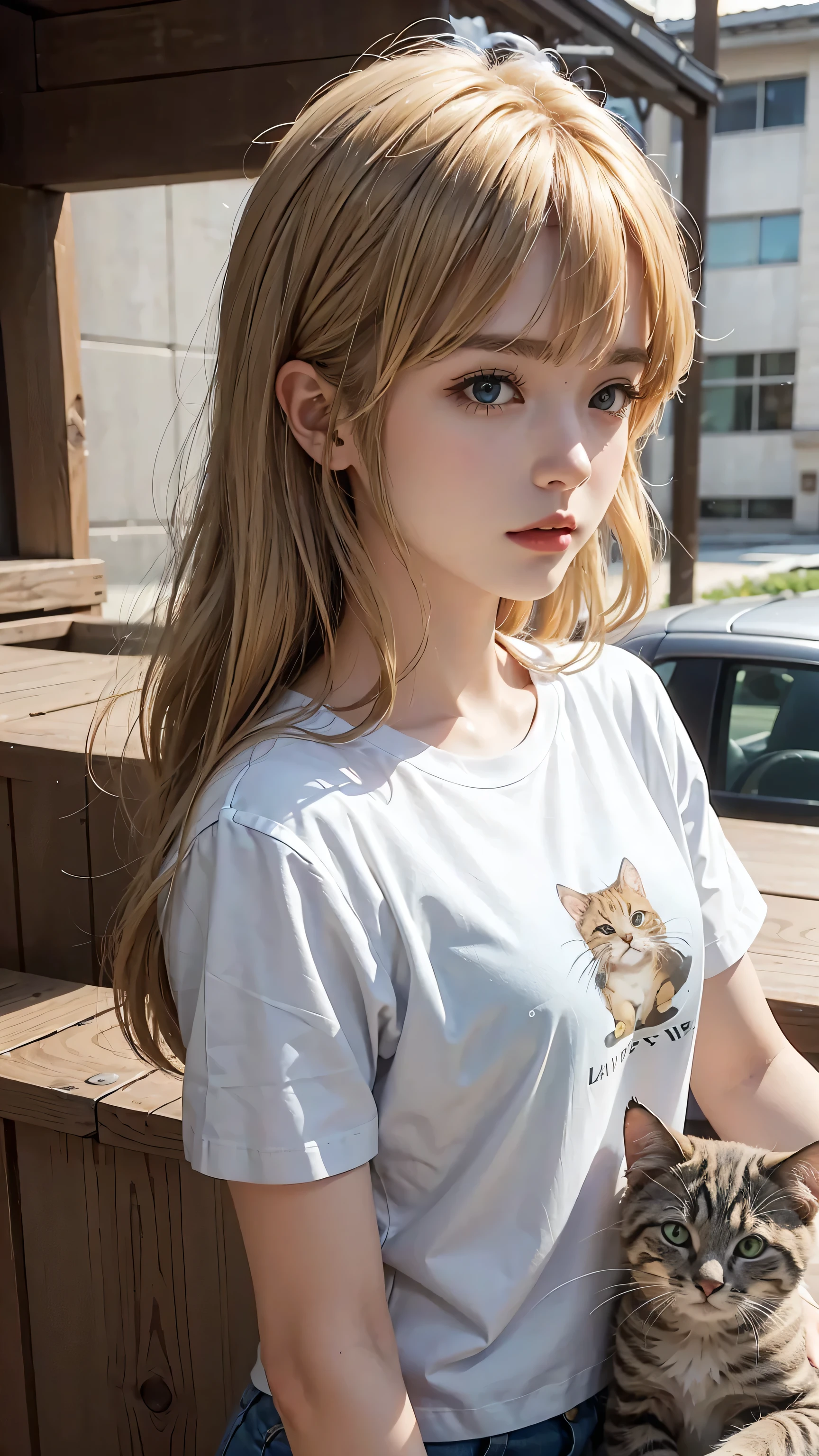 Masterpiece, best quality, super fine, 16k, medium hair, blonde color hair, T-shirt with cat illustration,