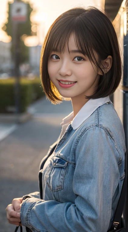 (highest quality,8K quality,masterpiece:1.3),(Ultra-high resolution,Photorealistic:1.4,RAW Photos),(Very detailed,Caustics,Detailed Background),(Ultra-Realistic Capture,Fine and beautiful skin,Perfect Anatomy),At dusk,Sunset sky,School building,Schoolyard,18-year-old,cute,single eyelid,Black short bob,Looking at the camera,Laughter,Bust up shot,Natural soft light